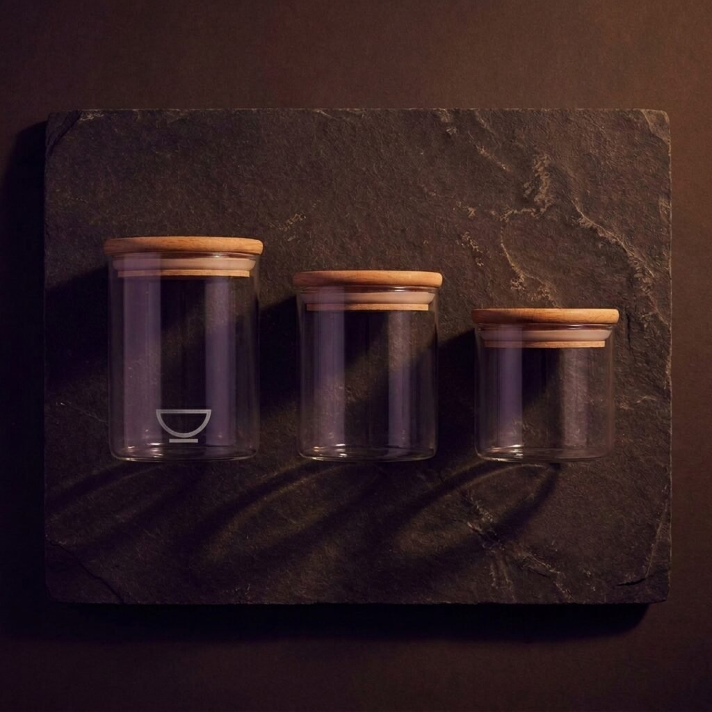 Storage jars, set of three — Borosilicate and beech
