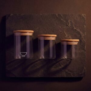 Storage jars, set of three — Borosilicate and beech