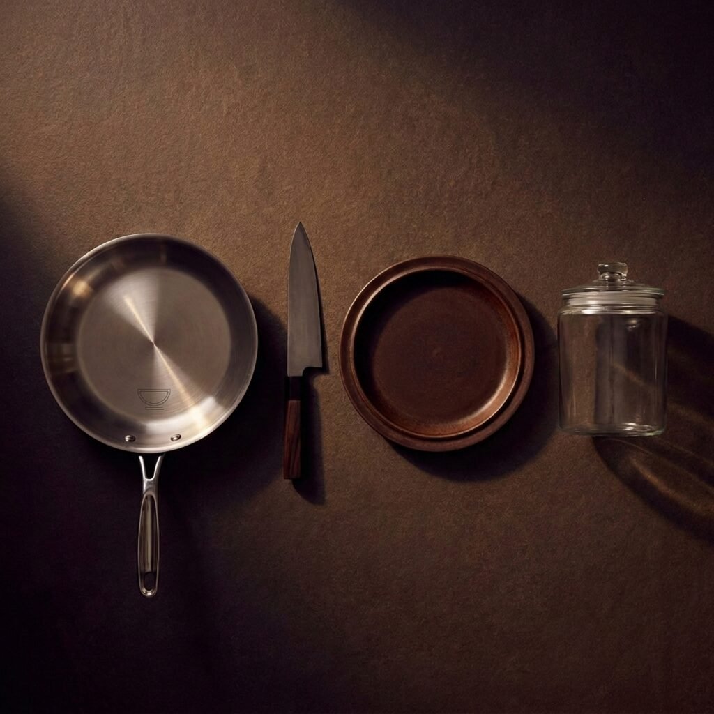 Cookware set, three piece — Five-ply clad stainless