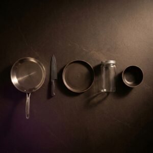 Cookware set, five piece — Five-ply clad and cast iron