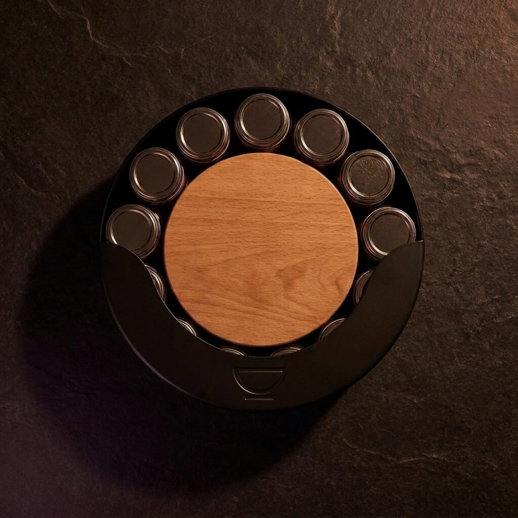 Spice rack, magnetic — Steel and glass